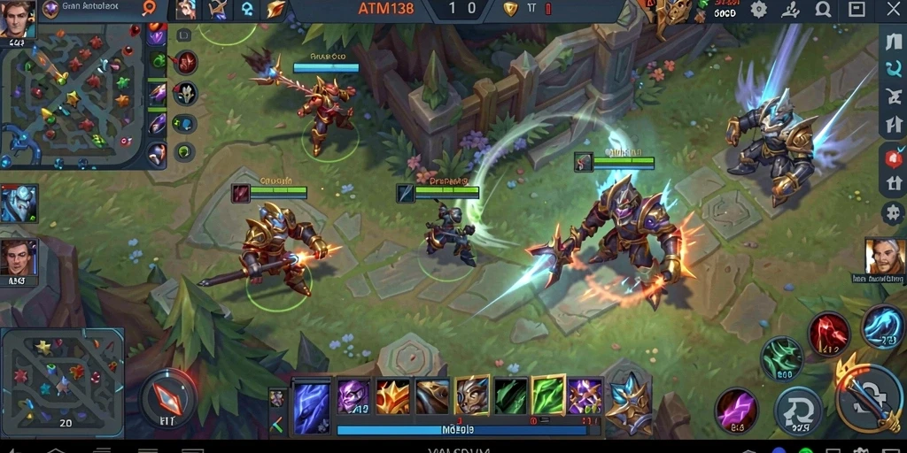 Screenshot gameplay ATM138 menampilkan pertarungan seru di dalam arena MOBA.