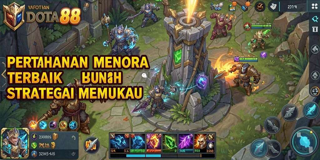 Tampilan gameplay menegangkan di DOTA88 dengan menara dan musuh.
