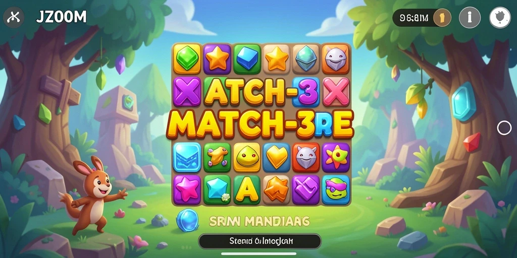 Tampilan gameplay J200M dengan kombinasi warna-warni objek Match-3.