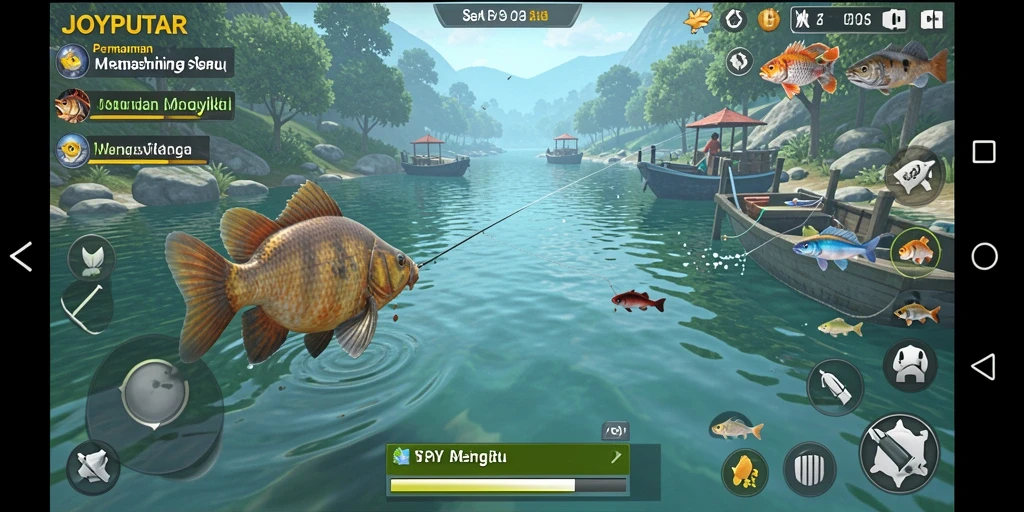 Tampilan gameplay JOYPUTAR yang seru dengan aktivitas memancing.