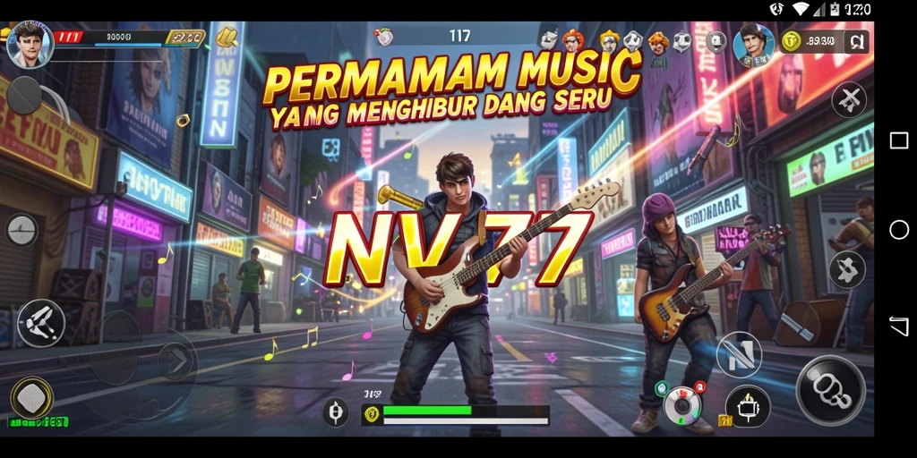 Tampilan gameplay NV77 yang menarik dan penuh warna dengan musik.