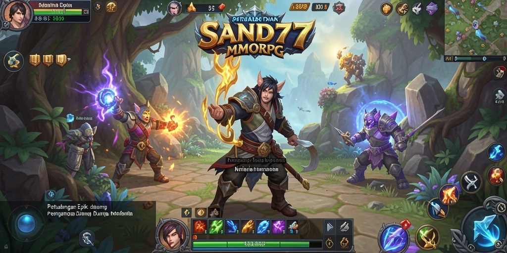 Screenshot gameplay SAND77, menampilkan pertarungan epik dan dunia yang luas.