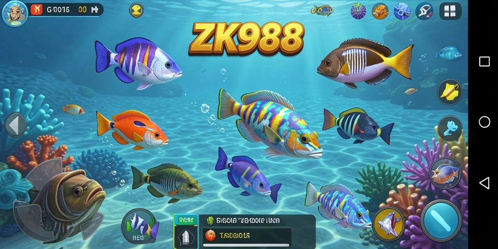 Screenshot gameplay ZK988 menampilkan aksi menembak ikan yang seru.